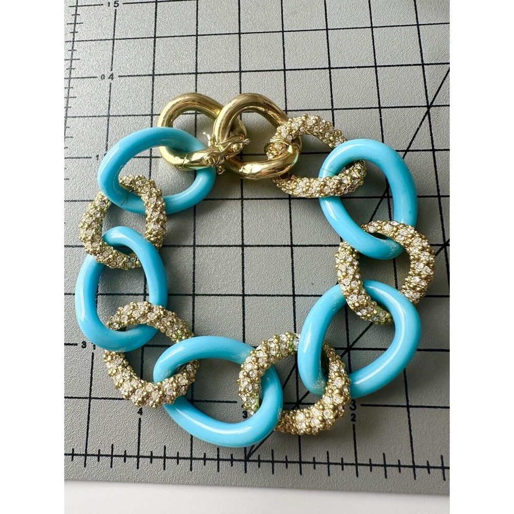 BRIGHTON Faux Turquoise Link Bracelet W/encrusted Rhinestone Signed Bracelet 8”